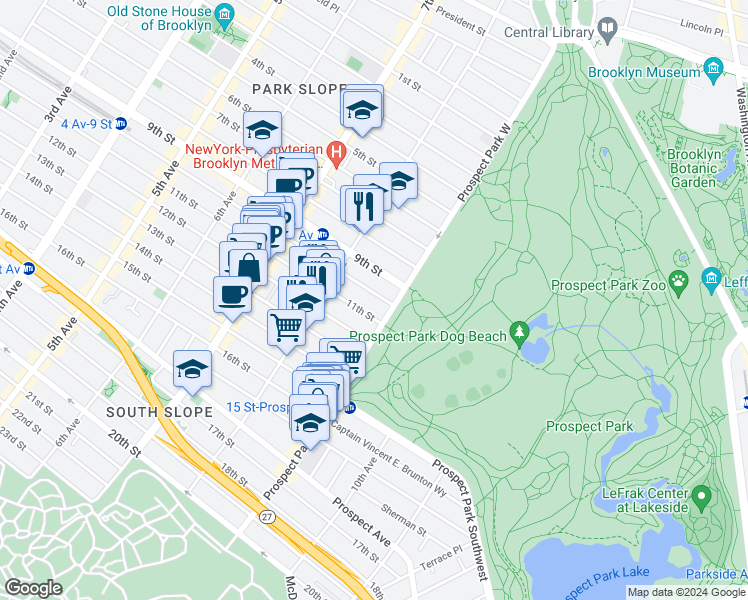 map of restaurants, bars, coffee shops, grocery stores, and more near 636 11th Street in Brooklyn