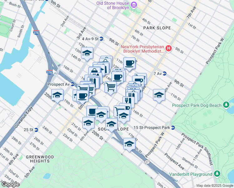 map of restaurants, bars, coffee shops, grocery stores, and more near 581 6th Avenue in Brooklyn