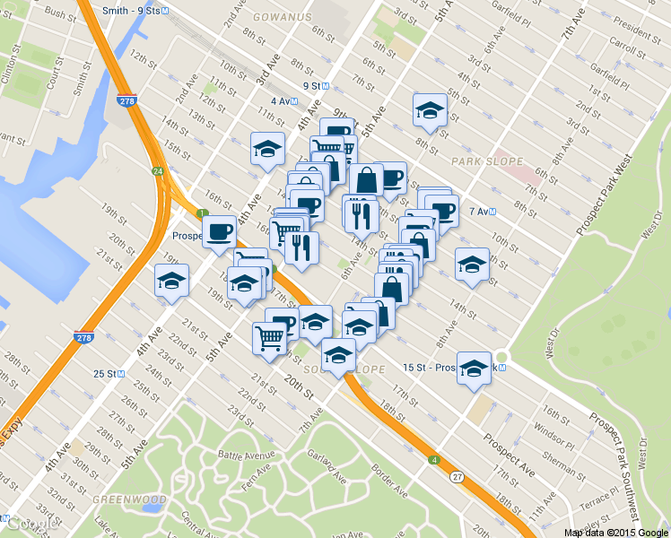 map of restaurants, bars, coffee shops, grocery stores, and more near 581 6th Avenue in Brooklyn