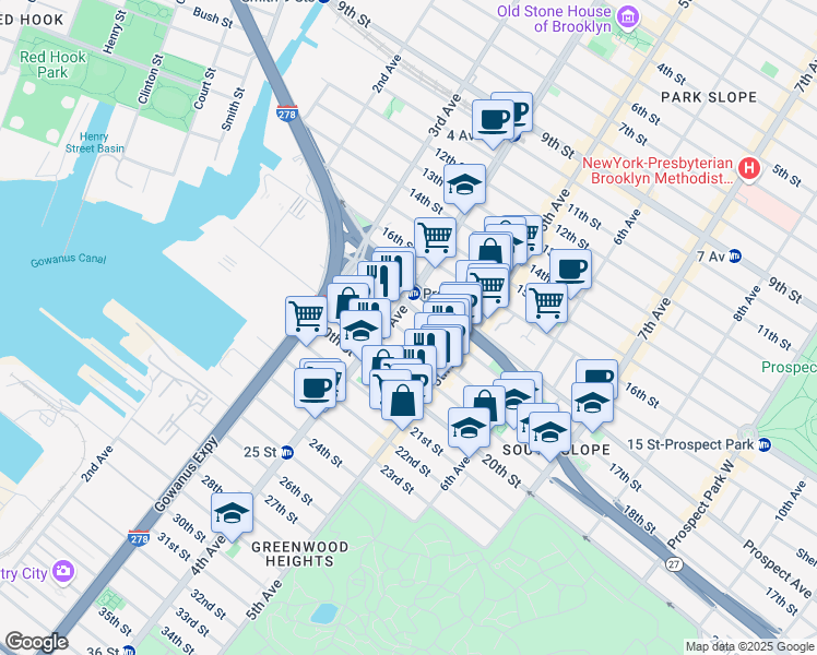 map of restaurants, bars, coffee shops, grocery stores, and more near 189 19th Street in Brooklyn