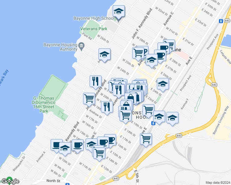 map of restaurants, bars, coffee shops, grocery stores, and more near 63 West 21st Street in Bayonne