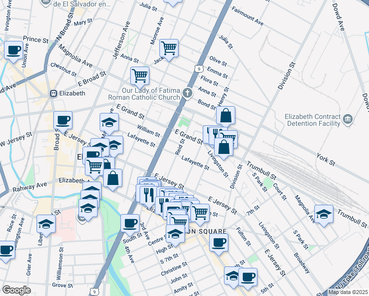 map of restaurants, bars, coffee shops, grocery stores, and more near 917 Lafayette Street in Elizabeth