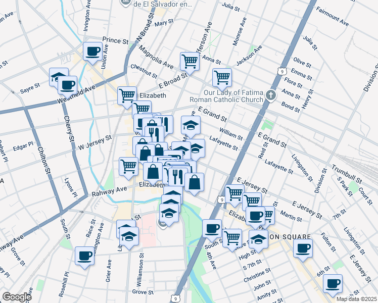 map of restaurants, bars, coffee shops, grocery stores, and more near in Elizabeth