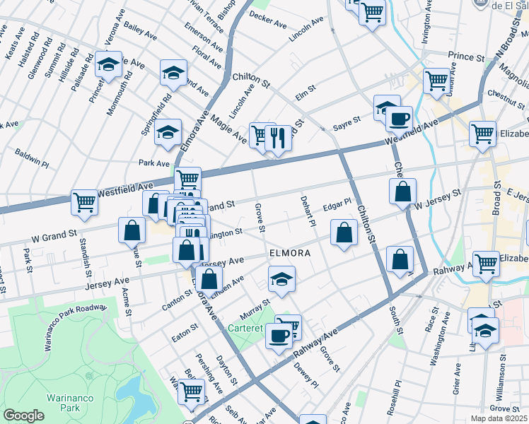 map of restaurants, bars, coffee shops, grocery stores, and more near 140 Grove Street in Elizabeth