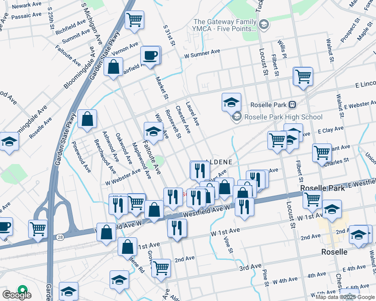 map of restaurants, bars, coffee shops, grocery stores, and more near 422 Roosevelt Street in Roselle Park