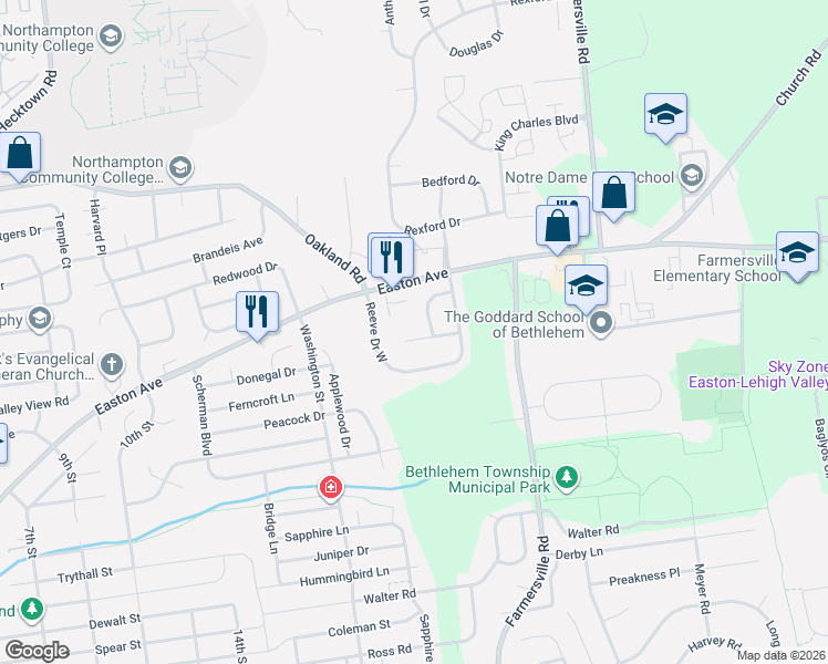 map of restaurants, bars, coffee shops, grocery stores, and more near 3251 Reeve Drive West in Bethlehem