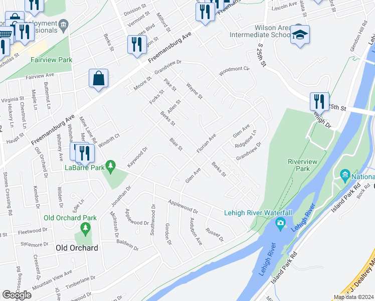 map of restaurants, bars, coffee shops, grocery stores, and more near 1430 Blair Street in Easton