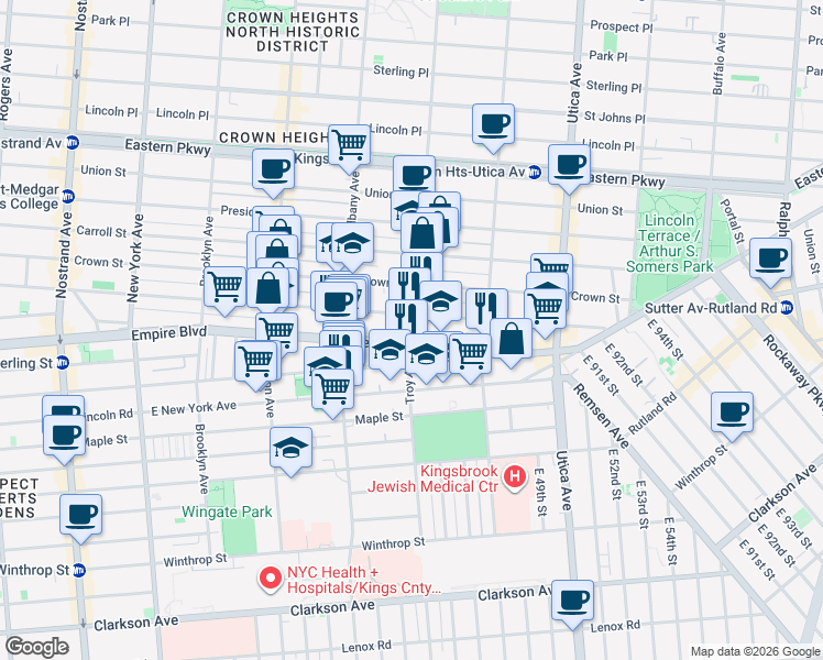 map of restaurants, bars, coffee shops, grocery stores, and more near 422 Troy Avenue in Brooklyn
