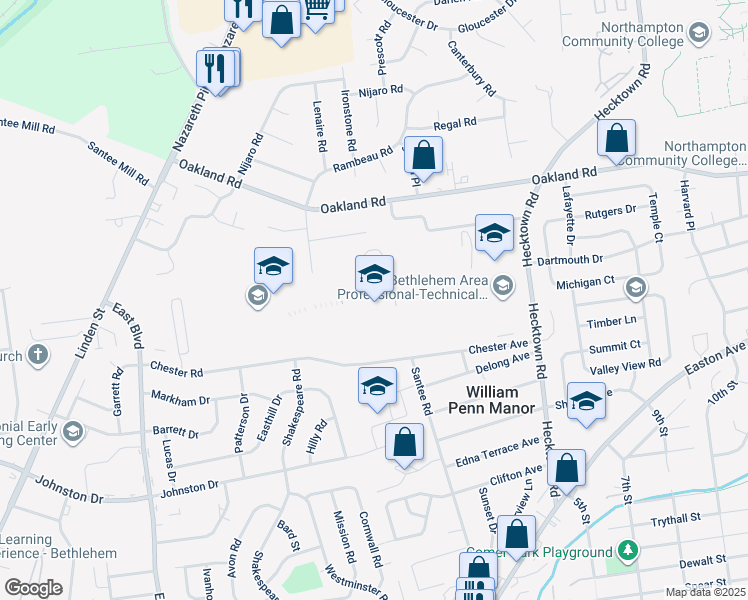 map of restaurants, bars, coffee shops, grocery stores, and more near 3149 Chester Avenue in Bethlehem