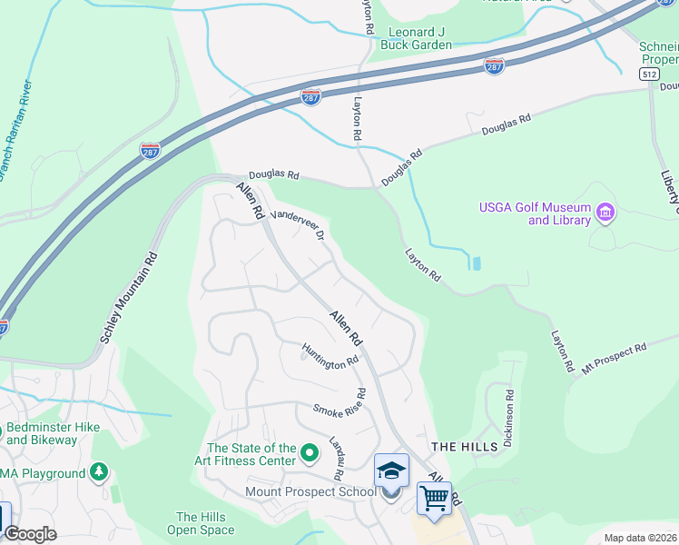 map of restaurants, bars, coffee shops, grocery stores, and more near 49 Vanderveer Drive in Bernards