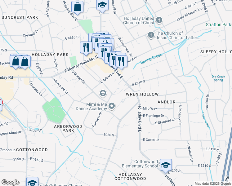 map of restaurants, bars, coffee shops, grocery stores, and more near 2417 East 4930 South in Holladay