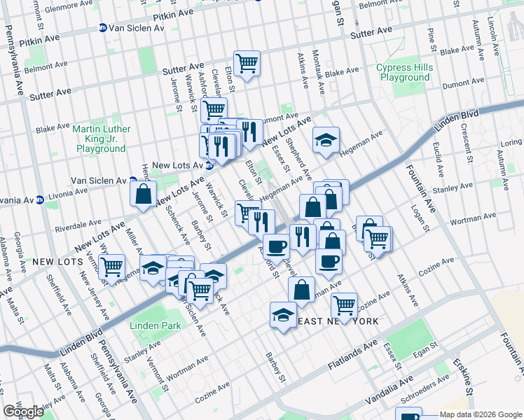 map of restaurants, bars, coffee shops, grocery stores, and more near 2237 Linden Boulevard in Brooklyn