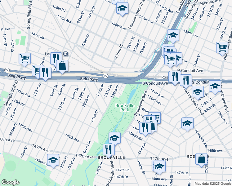 map of restaurants, bars, coffee shops, grocery stores, and more near 143-39 232nd Street in Queens