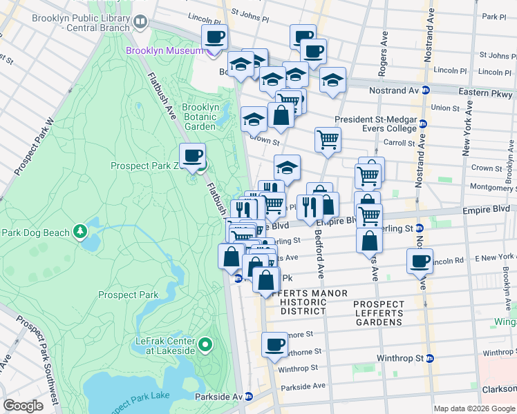 map of restaurants, bars, coffee shops, grocery stores, and more near 1069 Washington Avenue in Brooklyn