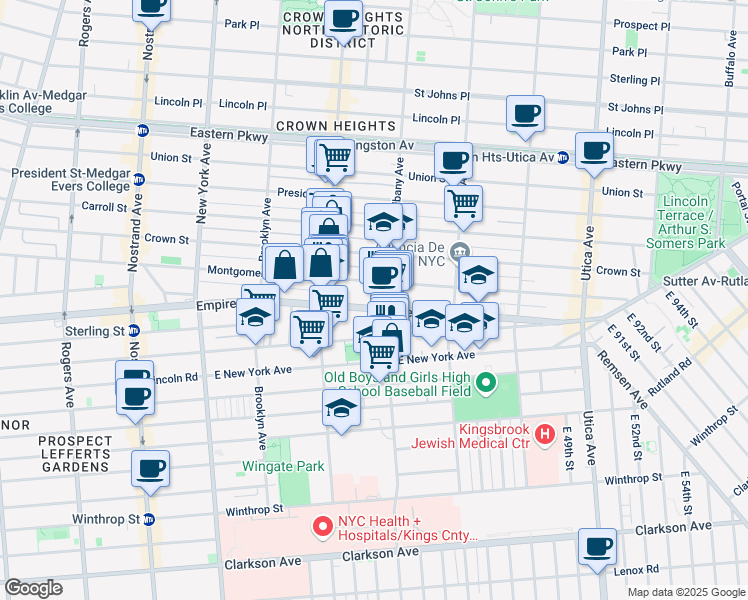 map of restaurants, bars, coffee shops, grocery stores, and more near 649 Empire Boulevard in Brooklyn