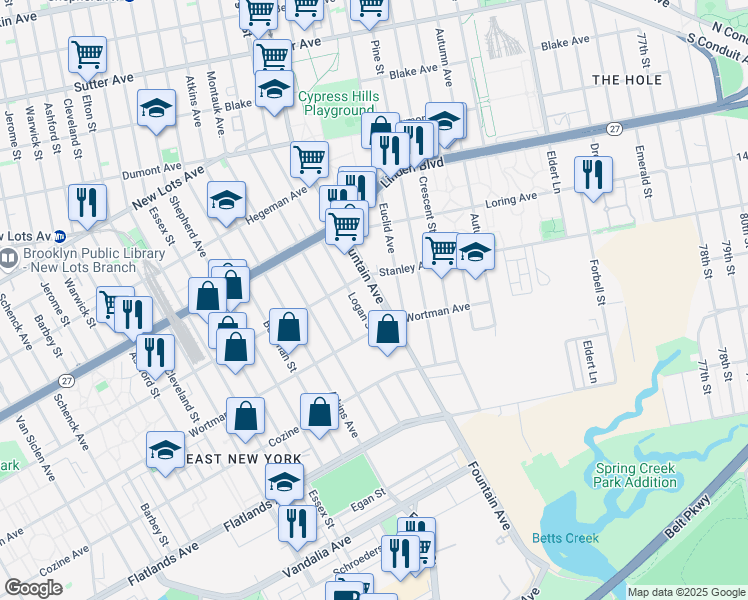 map of restaurants, bars, coffee shops, grocery stores, and more near 999 Logan St in Brooklyn