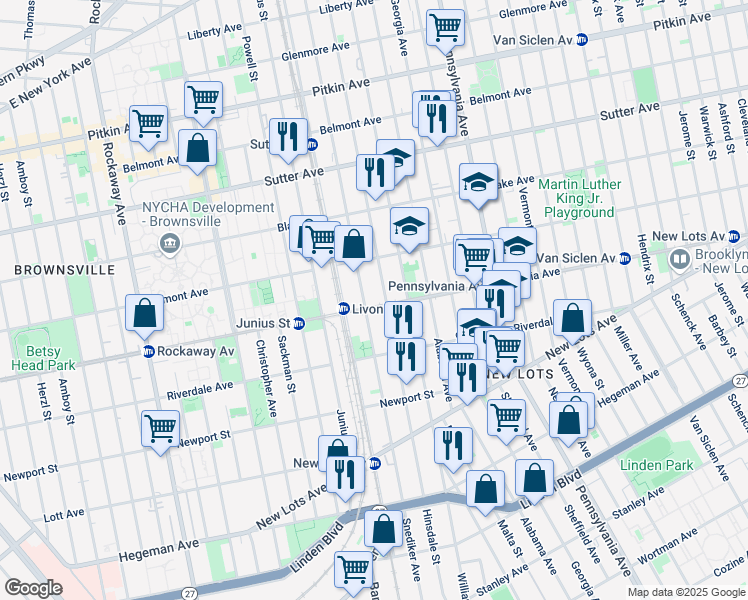 map of restaurants, bars, coffee shops, grocery stores, and more near 487 Livonia Avenue in Brooklyn