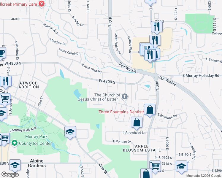 map of restaurants, bars, coffee shops, grocery stores, and more near 4880 South 3 Fountains Drive in Murray