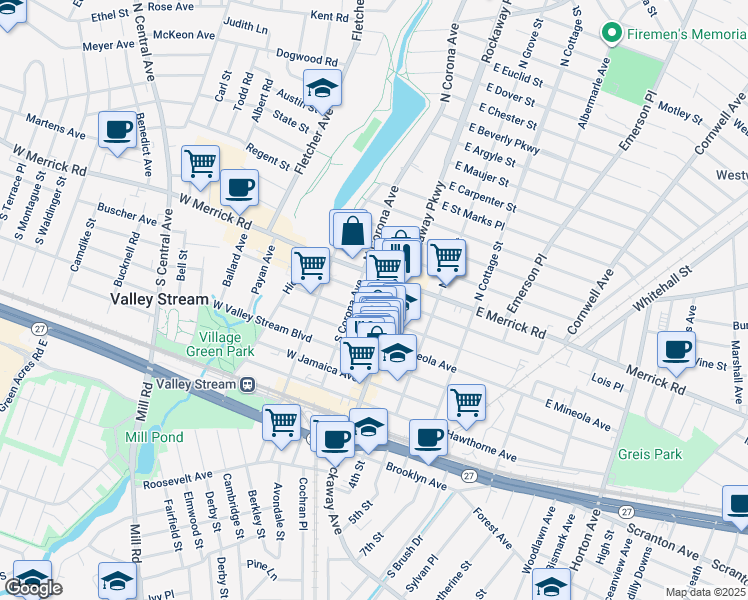 map of restaurants, bars, coffee shops, grocery stores, and more near 14 West Fairview Avenue in Valley Stream