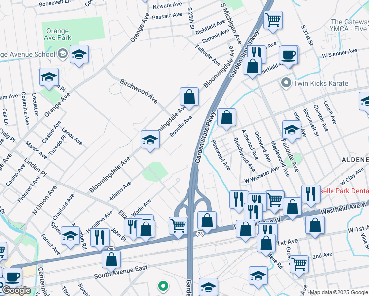 map of restaurants, bars, coffee shops, grocery stores, and more near 10 Carol Court in Cranford