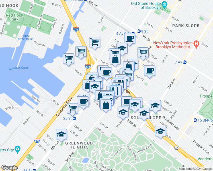 map of restaurants, bars, coffee shops, grocery stores, and more near 187 18th Street in Brooklyn