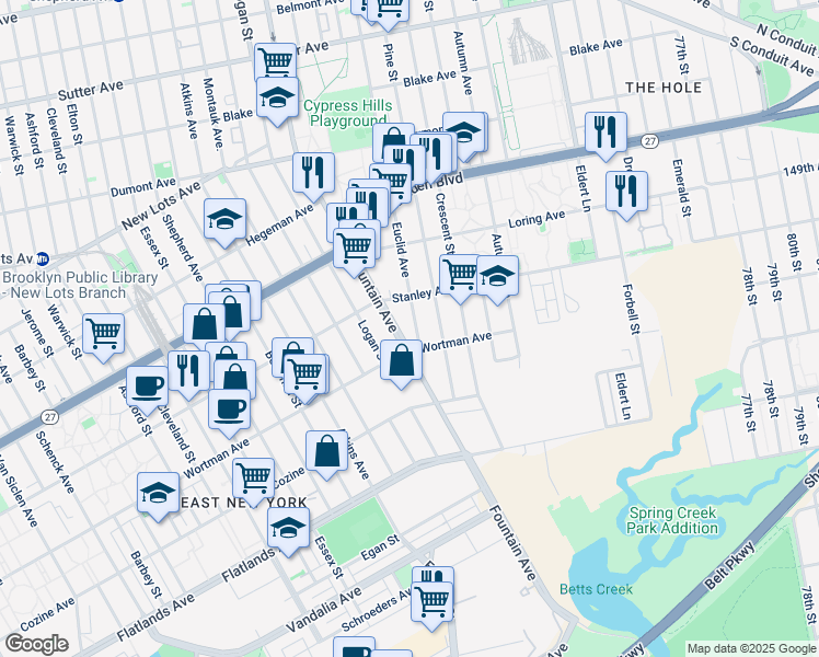 map of restaurants, bars, coffee shops, grocery stores, and more near 674 Wortman Avenue in Brooklyn
