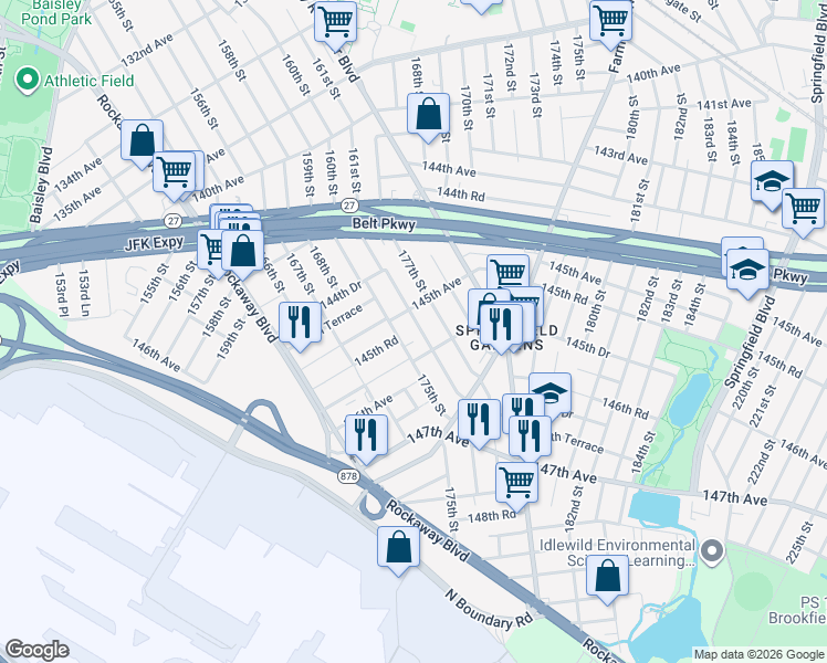 map of restaurants, bars, coffee shops, grocery stores, and more near 56 176th Street in Queens