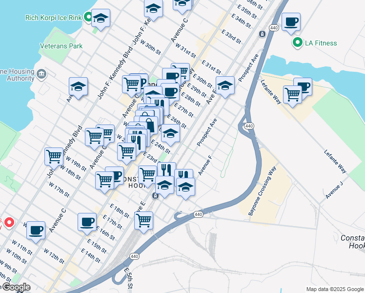 map of restaurants, bars, coffee shops, grocery stores, and more near 318 Avenue E in Bayonne
