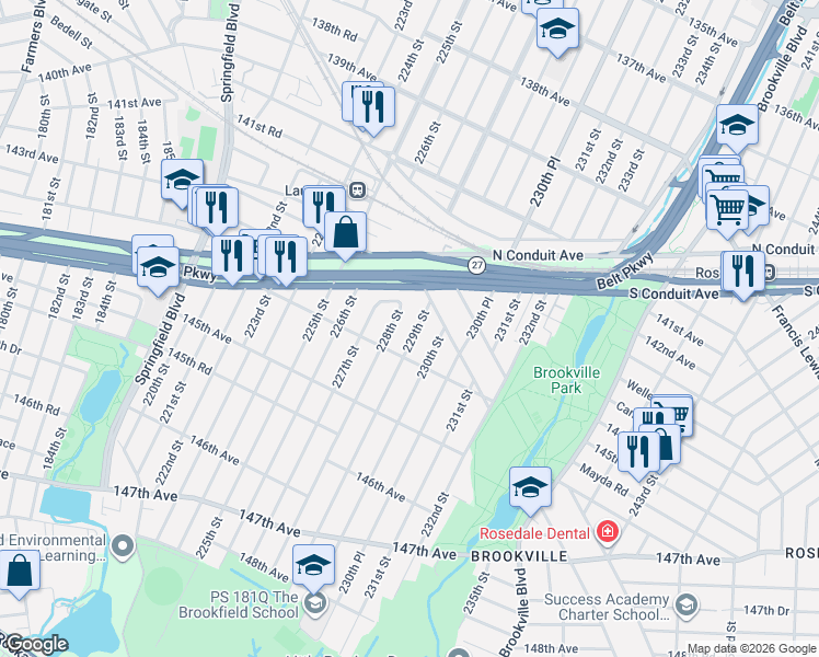 map of restaurants, bars, coffee shops, grocery stores, and more near 143-56 229th Street in Queens