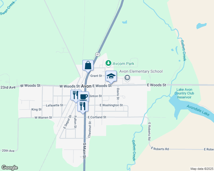 map of restaurants, bars, coffee shops, grocery stores, and more near 320 East Woods Street in Avon