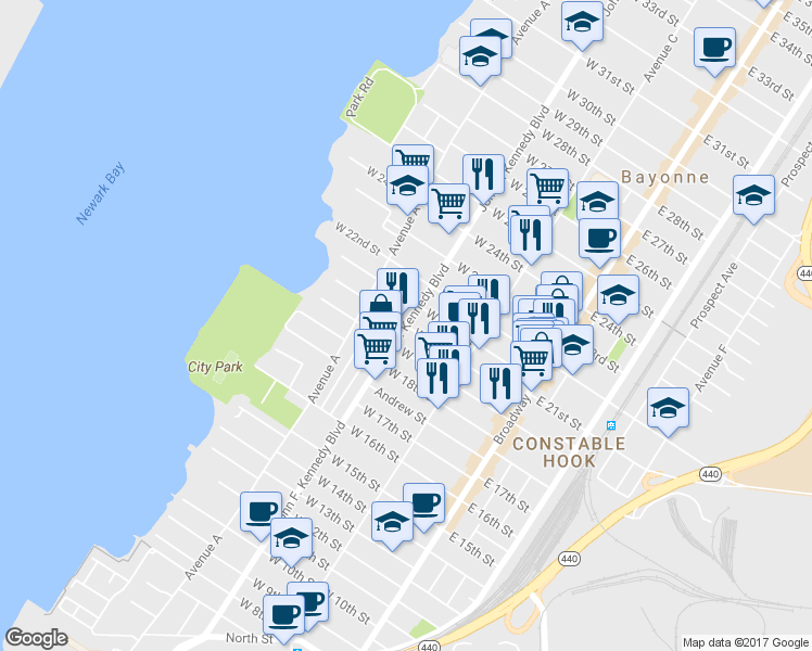 map of restaurants, bars, coffee shops, grocery stores, and more near Kennedy Boulevard & West 20th Street in Bayonne