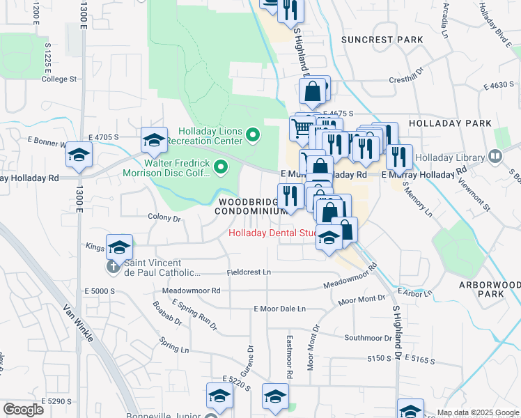 map of restaurants, bars, coffee shops, grocery stores, and more near 4893 South 1710 East in Holladay