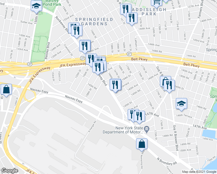 map of restaurants, bars, coffee shops, grocery stores, and more near 147 Rockaway Blvd in Queens