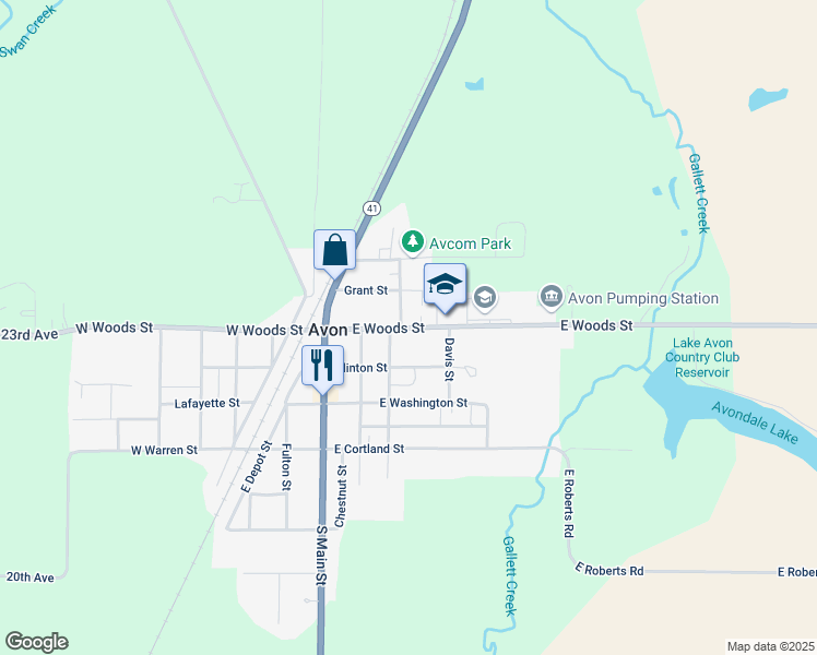 map of restaurants, bars, coffee shops, grocery stores, and more near 320 East Woods Street in Avon