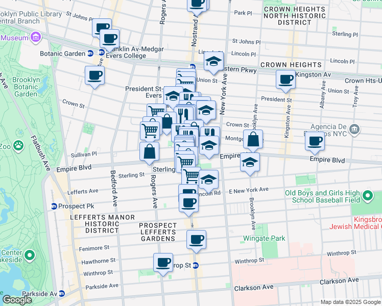 map of restaurants, bars, coffee shops, grocery stores, and more near 353 Empire Boulevard in Brooklyn