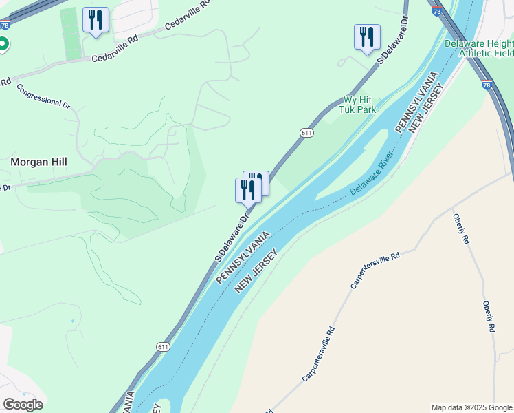 map of restaurants, bars, coffee shops, grocery stores, and more near 831 South Delaware Drive in Easton