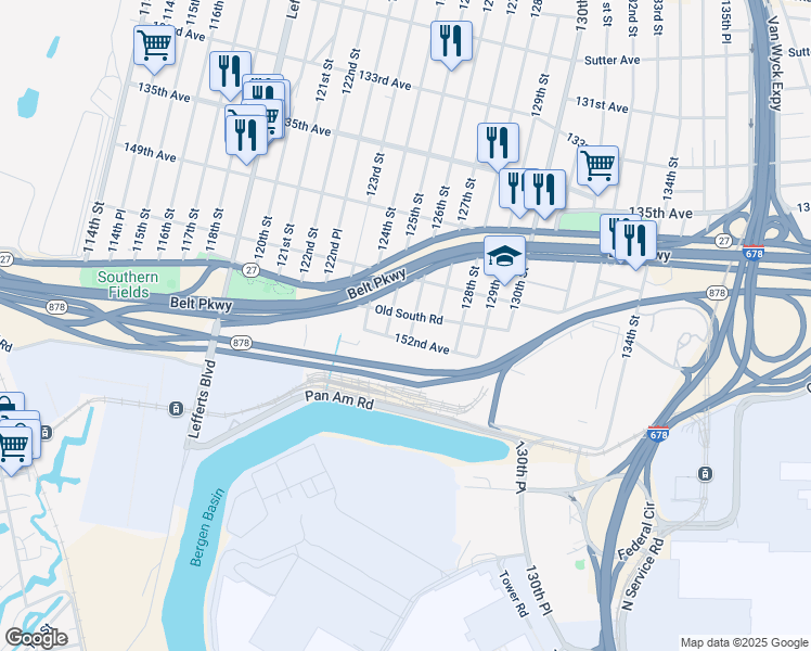 map of restaurants, bars, coffee shops, grocery stores, and more near 150-20 126th Street in Queens