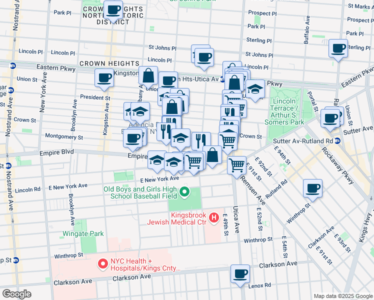 map of restaurants, bars, coffee shops, grocery stores, and more near 874 Montgomery Street in Brooklyn