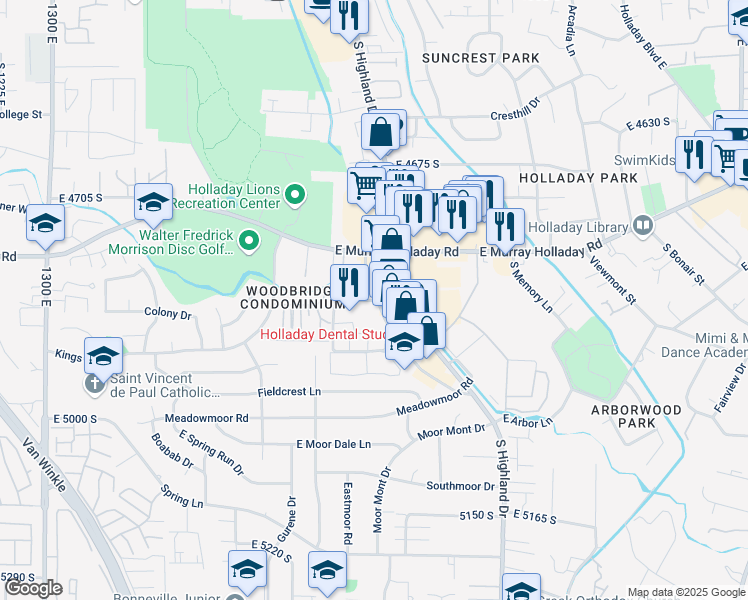 map of restaurants, bars, coffee shops, grocery stores, and more near 4852 South Highland Circle in Holladay