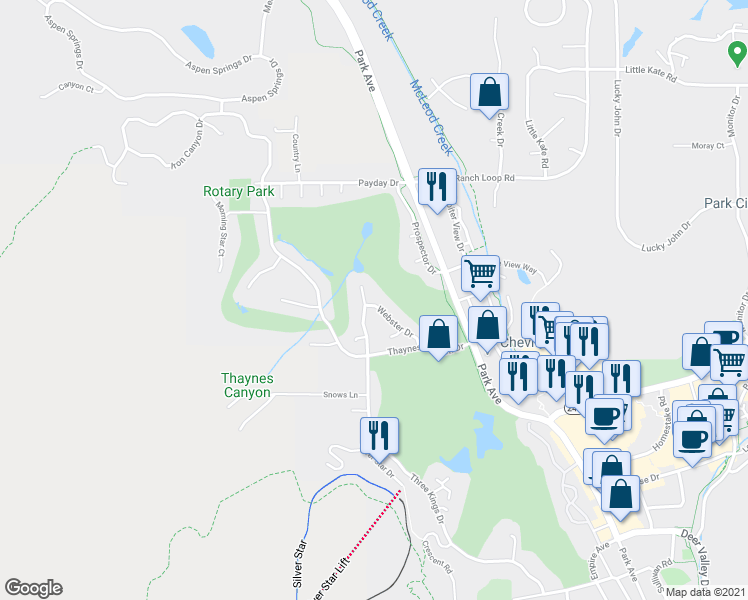 map of restaurants, bars, coffee shops, grocery stores, and more near 2212 Three Kings Court in Park City