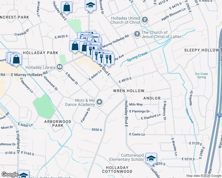 map of restaurants, bars, coffee shops, grocery stores, and more near 2399 East Boyes Street in Holladay
