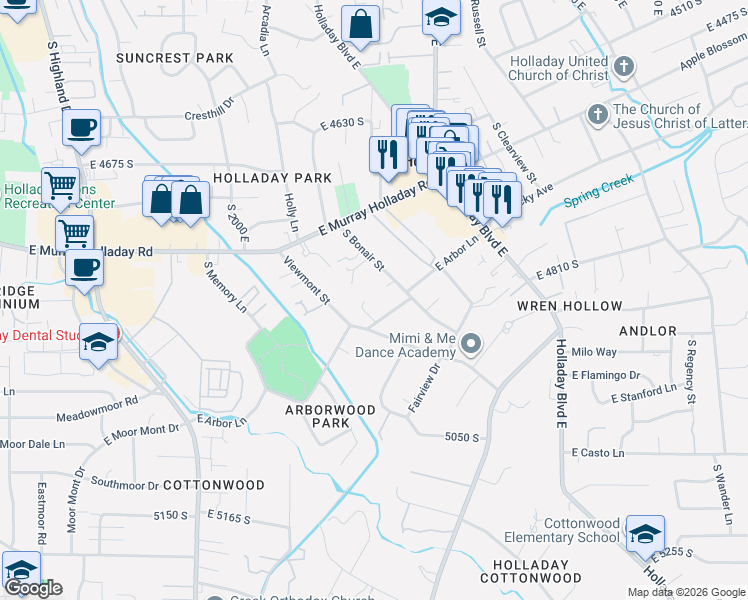 map of restaurants, bars, coffee shops, grocery stores, and more near 4812 South Bonair Street in Holladay