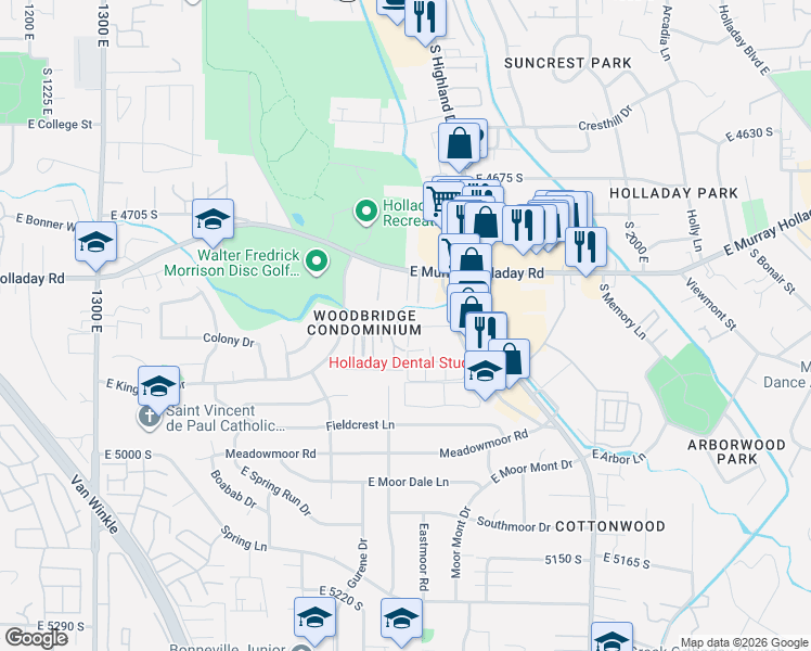 map of restaurants, bars, coffee shops, grocery stores, and more near 1762 East Murray Holladay Road in Holladay