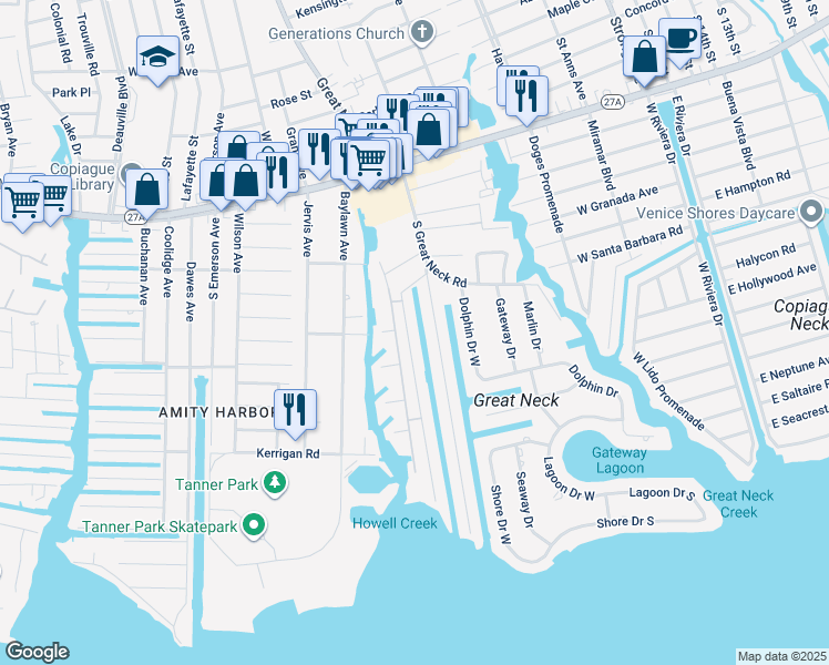 map of restaurants, bars, coffee shops, grocery stores, and more near 220 West Drive in Copiague