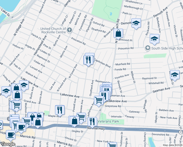 map of restaurants, bars, coffee shops, grocery stores, and more near 197 Brower Avenue in Rockville Centre