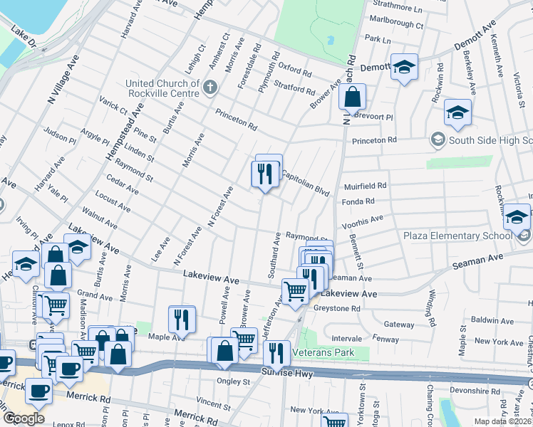 map of restaurants, bars, coffee shops, grocery stores, and more near 197 Brower Avenue in Rockville Centre