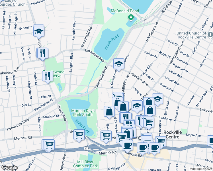 map of restaurants, bars, coffee shops, grocery stores, and more near 7 Parkwood Court in Rockville Centre