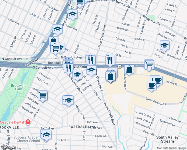 map of restaurants, bars, coffee shops, grocery stores, and more near 138-27 247th Street in Queens