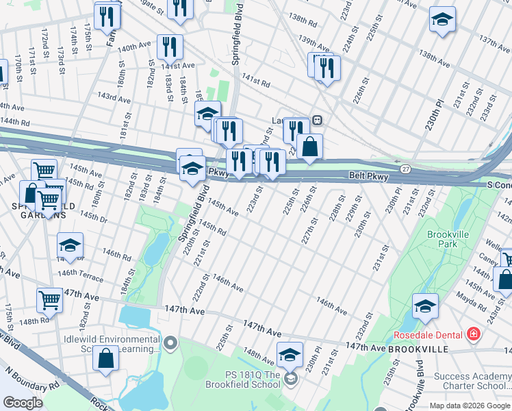 map of restaurants, bars, coffee shops, grocery stores, and more near 144-11 223rd Street in Queens