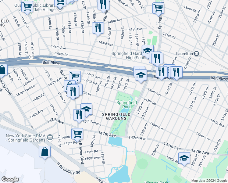 map of restaurants, bars, coffee shops, grocery stores, and more near 182-16 145th Avenue in Queens